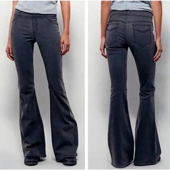 Free People Flared Bell Bottom Denim Jean Elastic Waist Pull On Women Sz 28 Gray - Picture 1 of 11